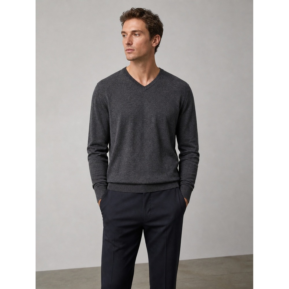 Theory Men's Riland VP Harman Merino Wool Blend V-Neck Sweater Charcoal Grey XXL